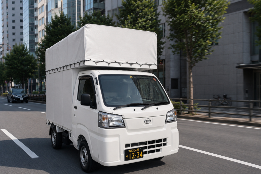 街路樹の並ぶ通りを走る配送車両